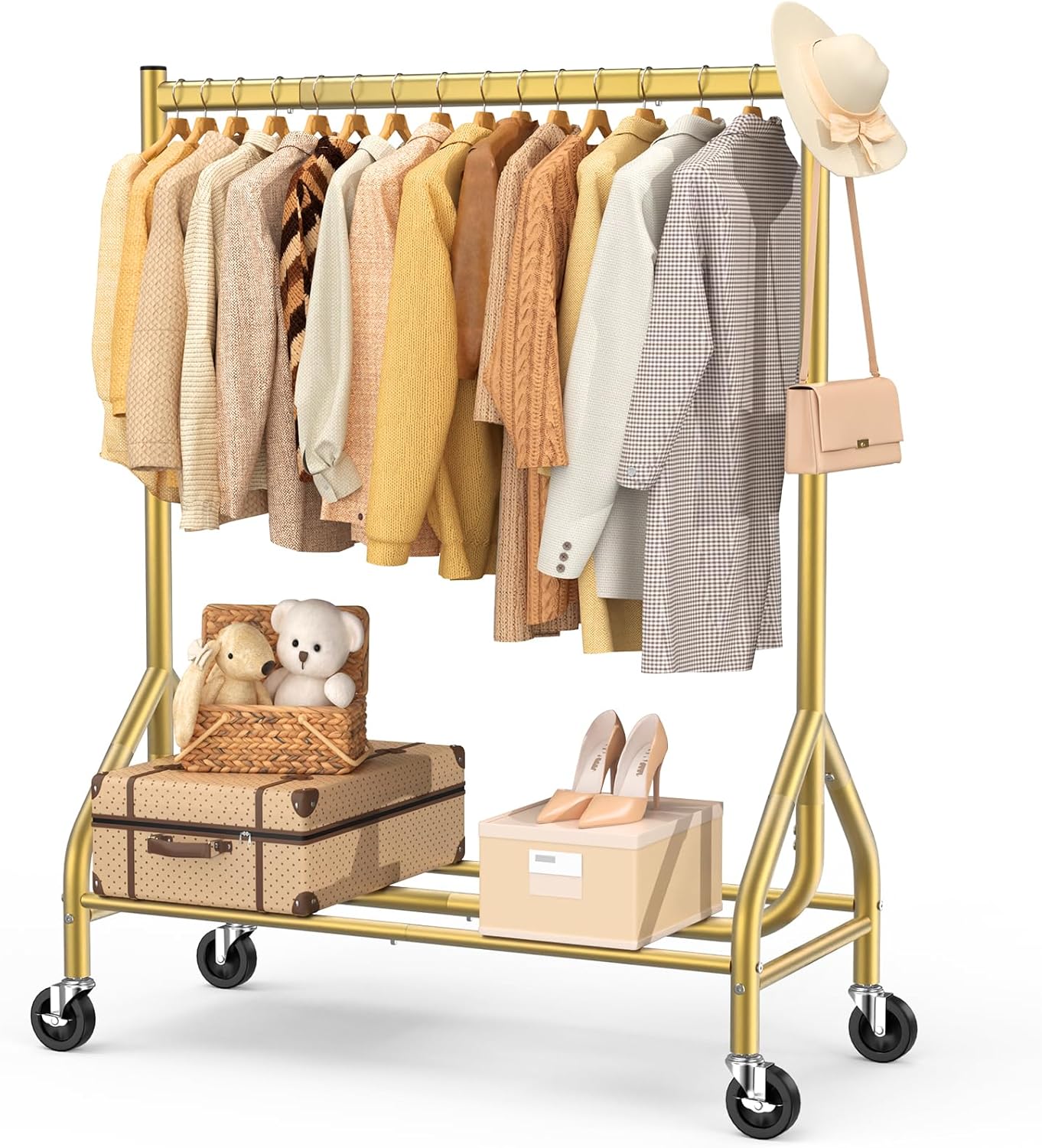 EAGMAK Heavy Duty Clothes Rack Load 420 LBS, Rolling Garment Organizer with Lockable Wheels, Standing Metal Clothing with Shelves, Portable Wardrobe Rack Sturdy Coat Rack for Hanging (Gold)