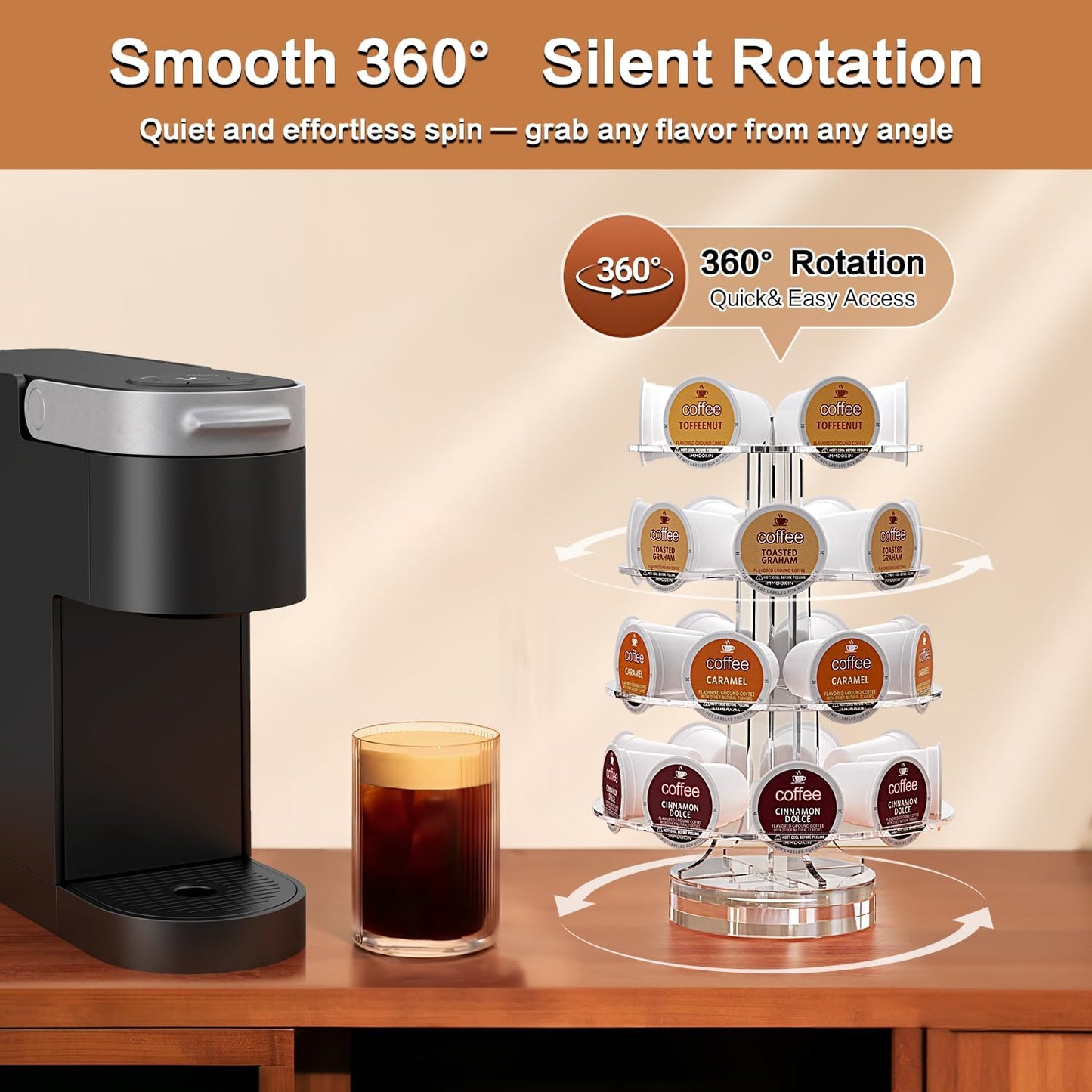 Coffee Pods Holder Acrylic Carousel Compatible with 30 Nespresso Vertuo Capsules And Keurig K-cup Pods, Space-Saving Coffee Pod Storage Organizer for Small Countertop