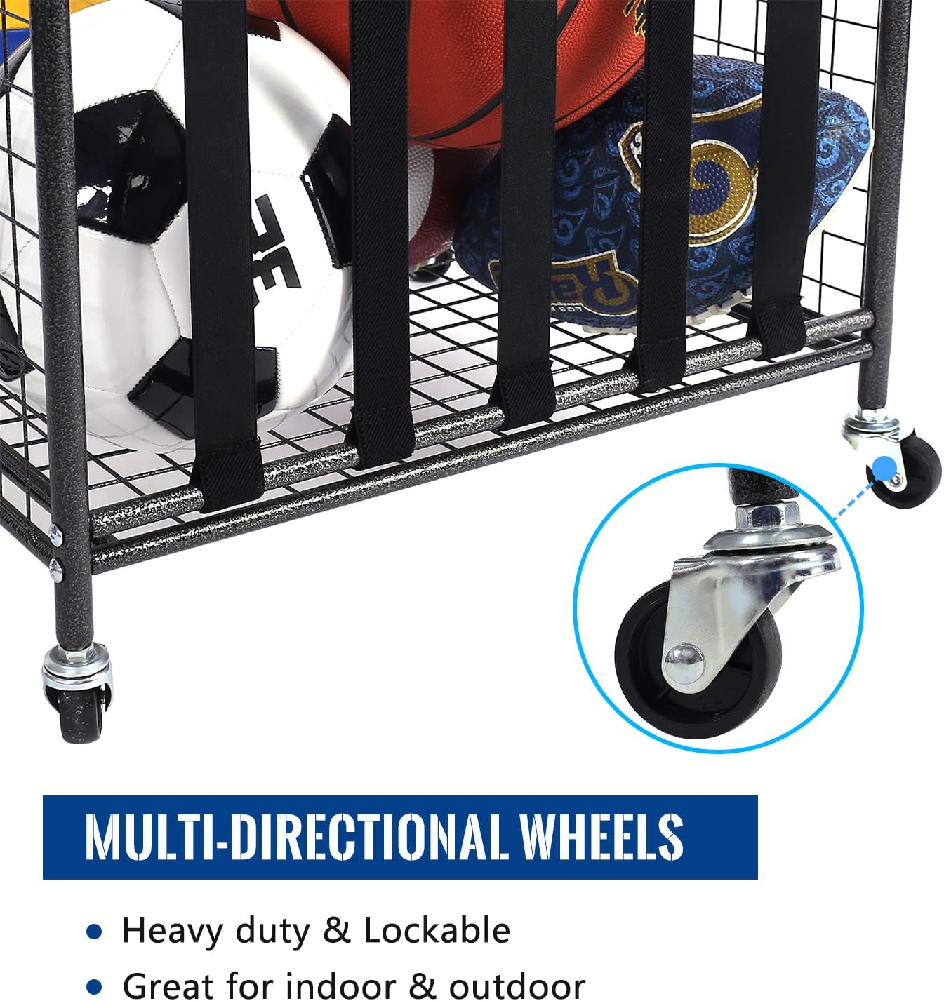 Mythinglogic Rolling Sports Ball Storage Cart, Sports Lockable Ball Storage Locker with Elastic Straps, Stackable Ball Cage for Garage Storage Garage Organizer