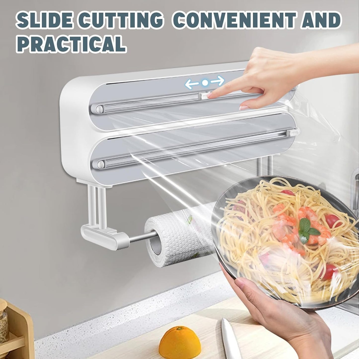 3 in 1 Plastic Wrap Dispenser with Cutter，Magnetic Aluminum Foil and Adhesive Film Organizer, Wall Mount Kitchen Wrap Organizer, Cling Wrap Dispenser with Paper Towel Holder and Cutter