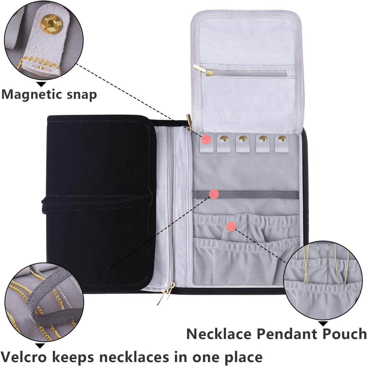 Teamoy Velvet Travel Jewelry Roll, Jewelry Storage Bag Organizer for Necklaces, Earrings, Bracelets, Rings, Brooches and More, Compact and Easy to Carry (Large, Velvet- Black)