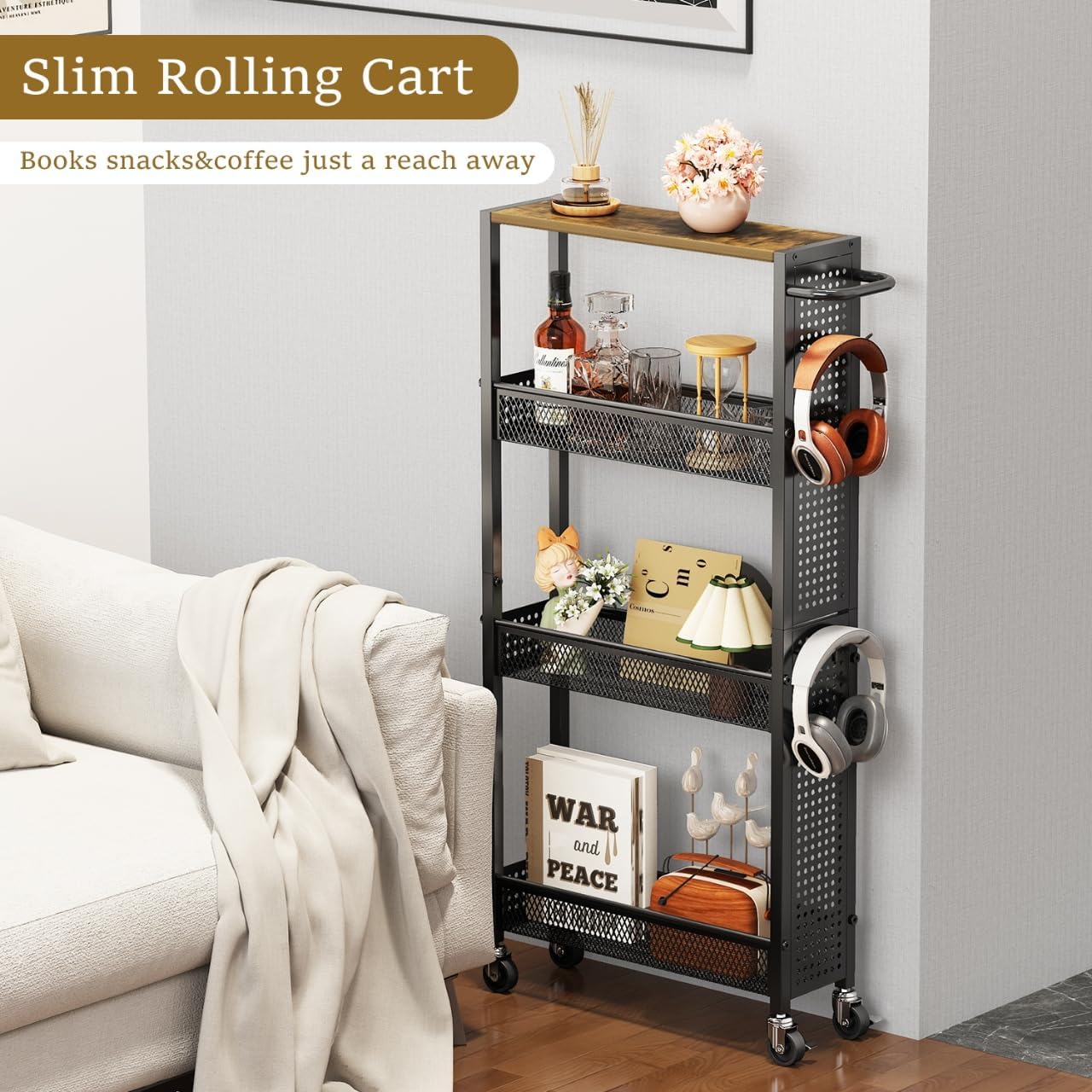 Utility Slim Storage Cart 4 Tier Small Rolling Kitchen Laundry Room Organization Cart with Wood Top Metal Narrow Laundry Room Shelves Cabinet Unit Laundry Organizer Trolley with Handle for Small space