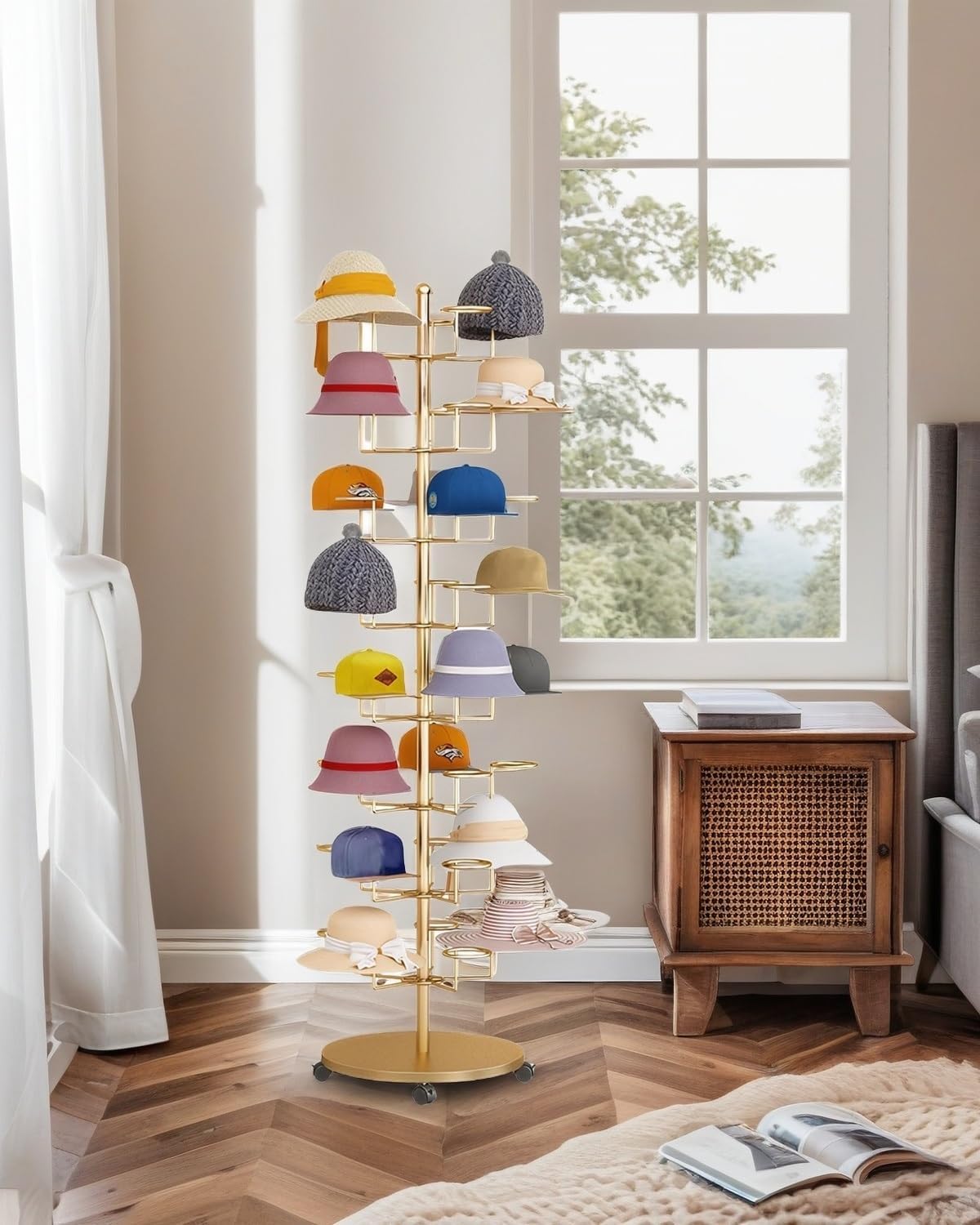 Hat Rack Stand 40-Hooks, Hat Display Stand Metal,Hat Display for Stores， Home or Store of Standing hat Rack(Gold,8th Floor)