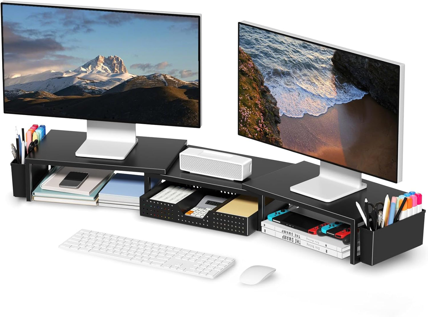 OPNICE Desk Organizers and Accessories, Dual Monitor Stand Riser with Drawer and 2 Pen Holders, Desk Shelf Metal Computer Racks for Office Workspace Organizers, Desktop Organization (Black)