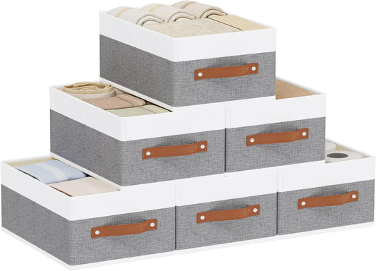 Clothing Storage Boxes, Drawer Organizers with Handles, Cube Organizer Bin for Organizing, 13 × 9.1 × 5.5 Inch, White and Grey, 6-Pack