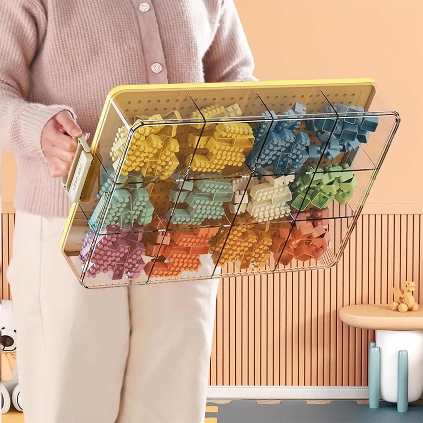 Toys Storage Organizer Bins for Lego, Stackable Toys Organizer, Lego Building Block Storage, Toy Storage Box with 24 Palace Grids, Plastic Stackable Organizer Bins (Yellow 1layer)