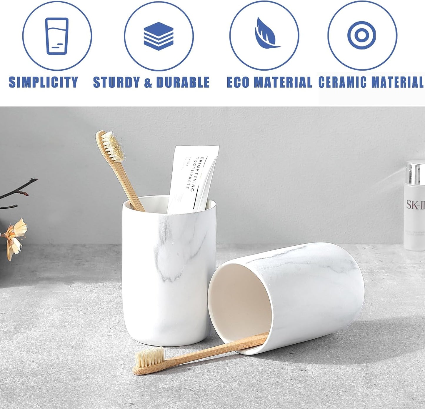 Marble Toothbrush Holders for Bathrooms - 1 Cups Ceramic Toothbrush Toothpaste Holders, White Marble Bathroom Tumbler Cups Reusable Toothbrush Mouthwash Cup, Bathroom Counter Organizer.
