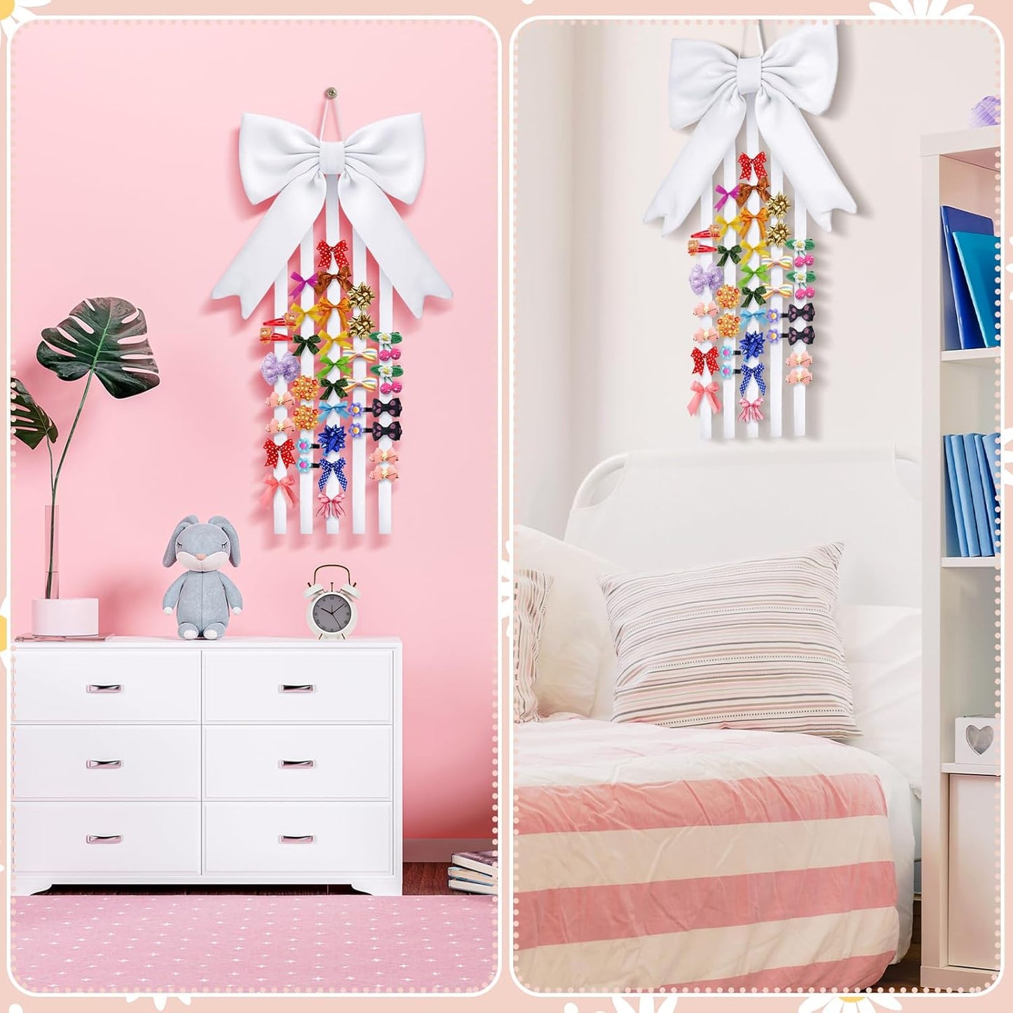 Weysat White Bow Organizer for Girls Huge Bow Holder for Girls Hair Bows Claw Clip Organizer Decoration Accessories with Five Ribbons 20inch*5 Organizador for Room Decor