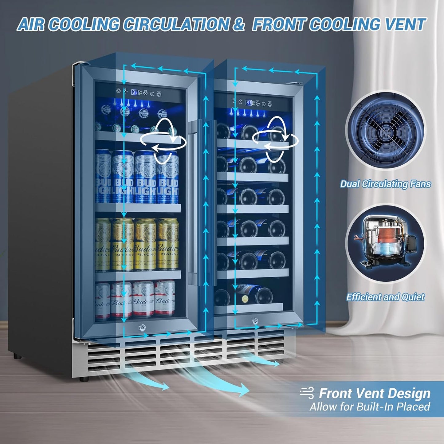 30Inch Wine and Beverage Refrigerator - Dual Zone Beverage Cooler Under Counter, Holds Up to 30 Bottles & 90 Cans Drink and Beer Fridge Built-In for Home Kitchen Bar and Office