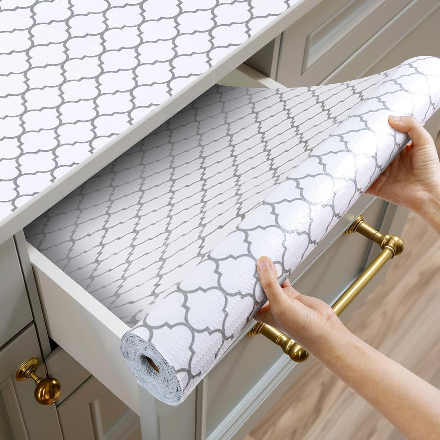 Shelf and Drawer Liner for Kitchen Cabinets Non-Adhesive, Strong Grip Non-Slip Thickened Cabinet Liners for Shelves, Waterproof Mats for Dresser Cupboard, White/Gray, 12 in x 30 Feet