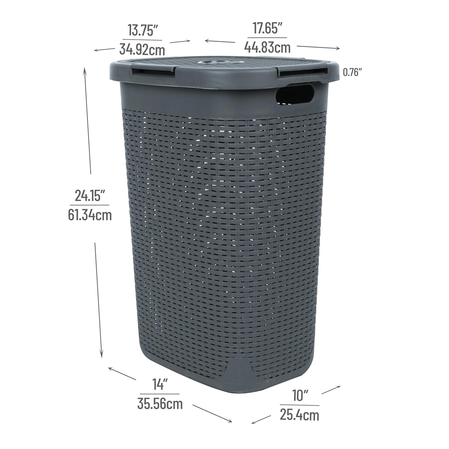 Mind Reader Slim Laundry Hamper with Lid, 60L Clothes Basket, Premium Wicker Design, Plastic, Gray