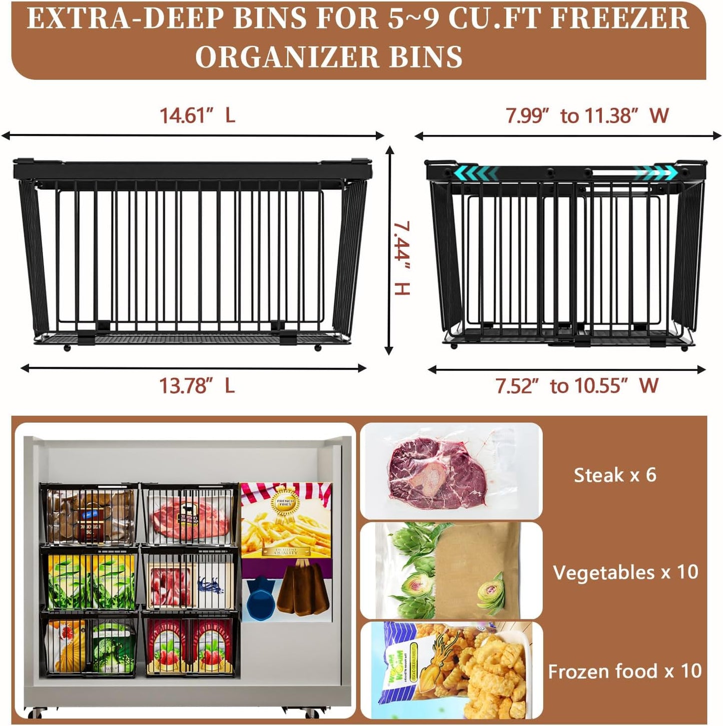 Large Freezer Organizer Bins，Upgraded Bottom Leak-Proof net，Fit 5 to 9 Cu Ft Chest Freezer，3 Pack， Expandable Stackable Chest Freezer Containers with Handle