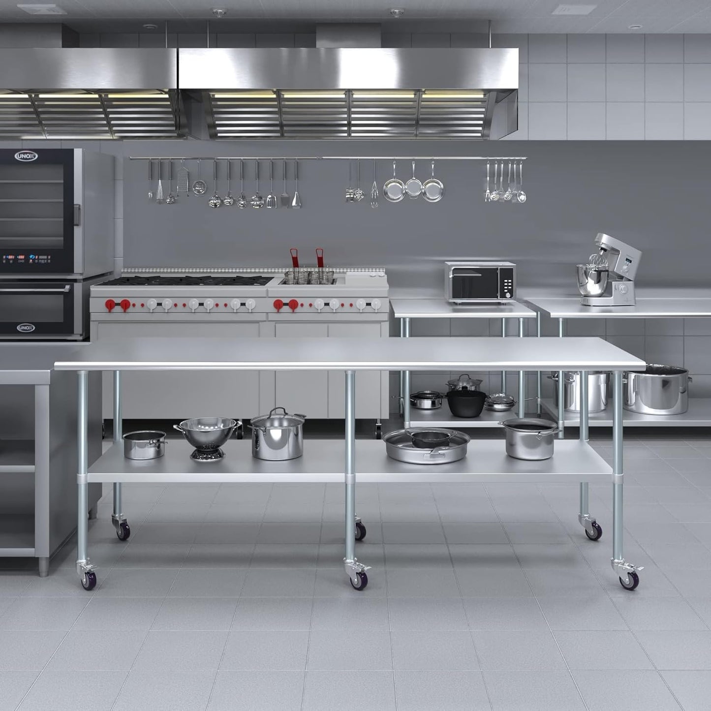 AmGood 96" Long x 30" Deep Stainless Steel Table with Casters