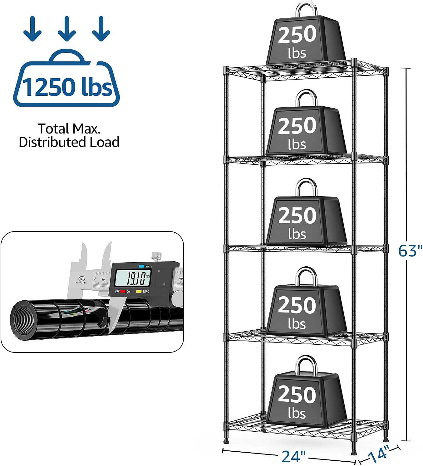 1250 lbs 5 Tier Shelf Metal Storage Shelves Wire Rack Closet Organizers with Wheel for Garage Kitchen Bathroom Laundry Black 13.7" D x 23.6" W x 62.4" H
