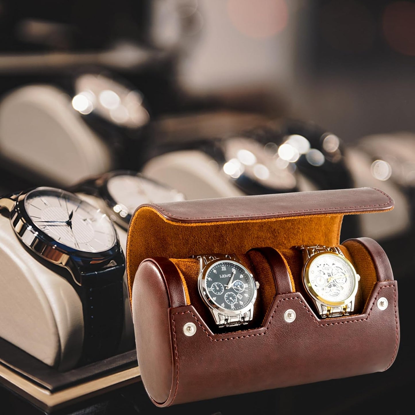 MR.OKAY 2 Watch Travel Case- Classic Leather Watch Case With Perfect Texture.Portable Watch Roll Or Organizer For Storage And Display. Luxury Gifts For Men, All Handmade by Artisans.