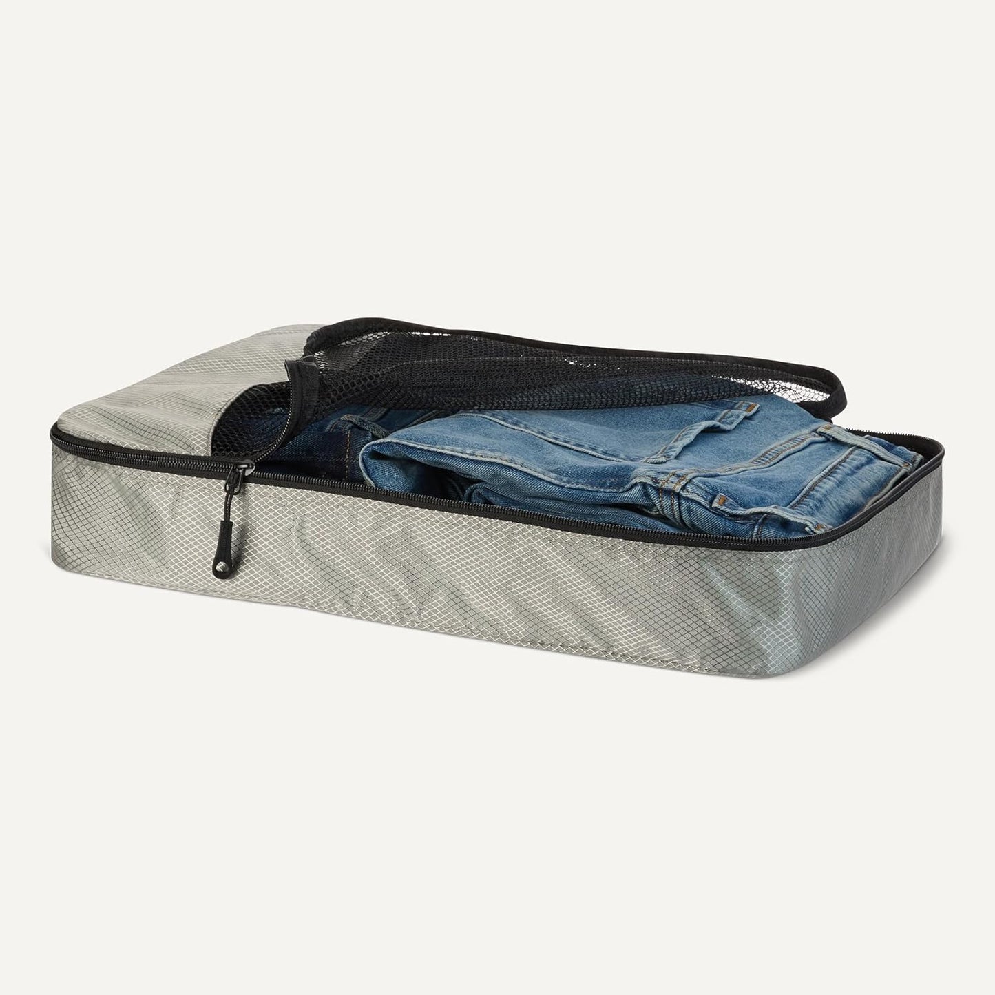Amazon Essentials 4-Piece Packing Cubes Travel Accessories Set, Luggage Organizer with Double Zipper, Mesh Top, 100% Polyester, Large, Gray (Previously Amazon Basics)