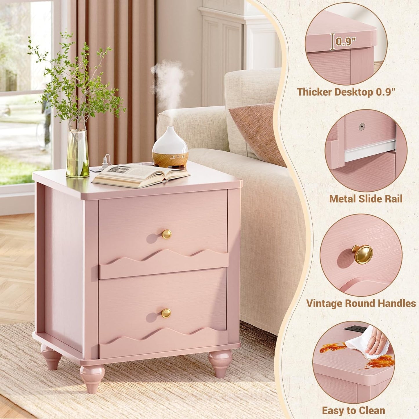 Cyclysio Nightstand with Charging Station, Side End Table with 2 Drawers, Modern Wood Night Stand with Scalloped Pattern for Bedroom, Bedside Night Tables with Solid Wood Gourd Legs