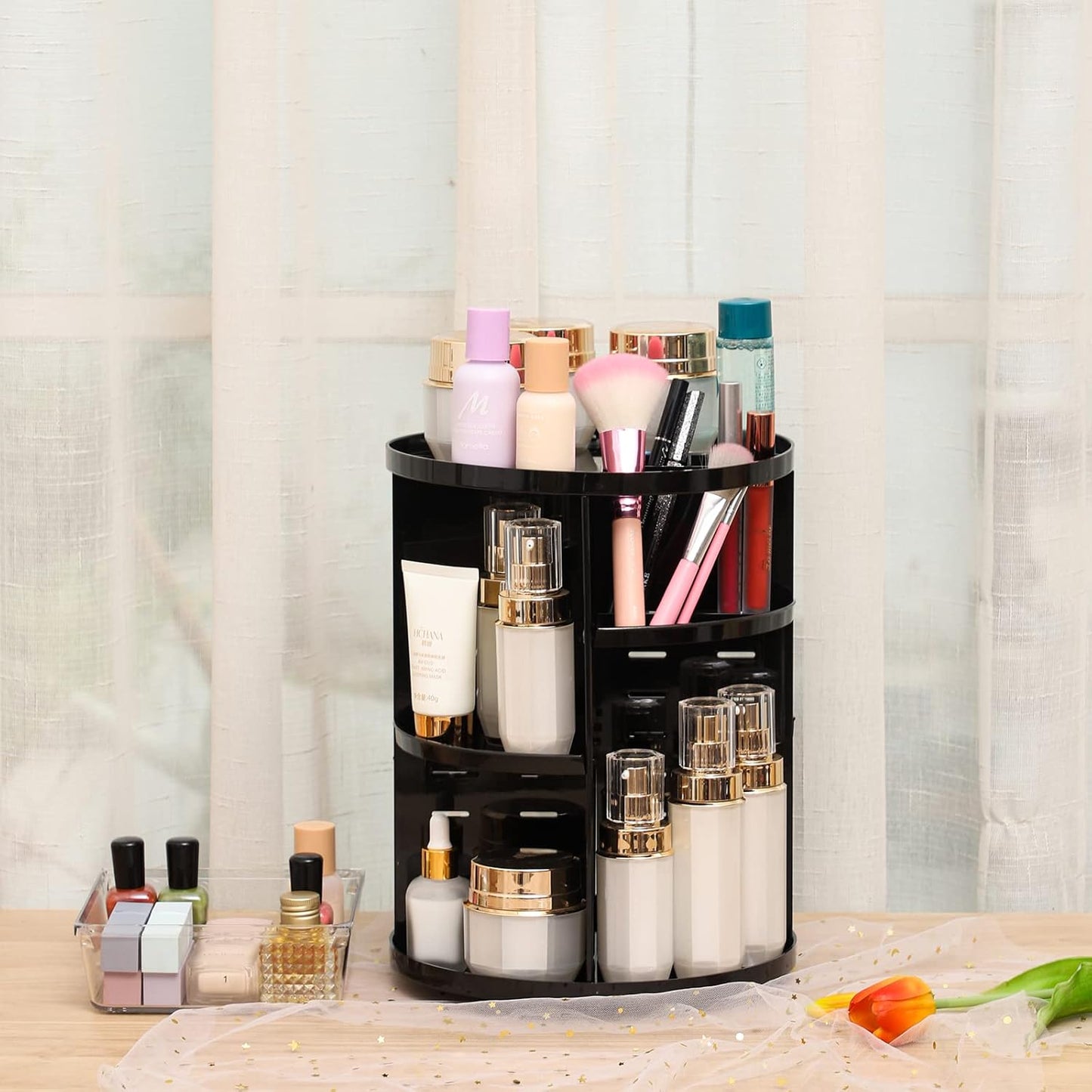 Cq acrylic Rotating Makeup Organizer for Vanity,Adjustable Spinning Organizer and Make up Organizers for Counter,Lazy Susan Bathroom Organizer for Beauty Product,Skin Care,Perfume Organizer,Black