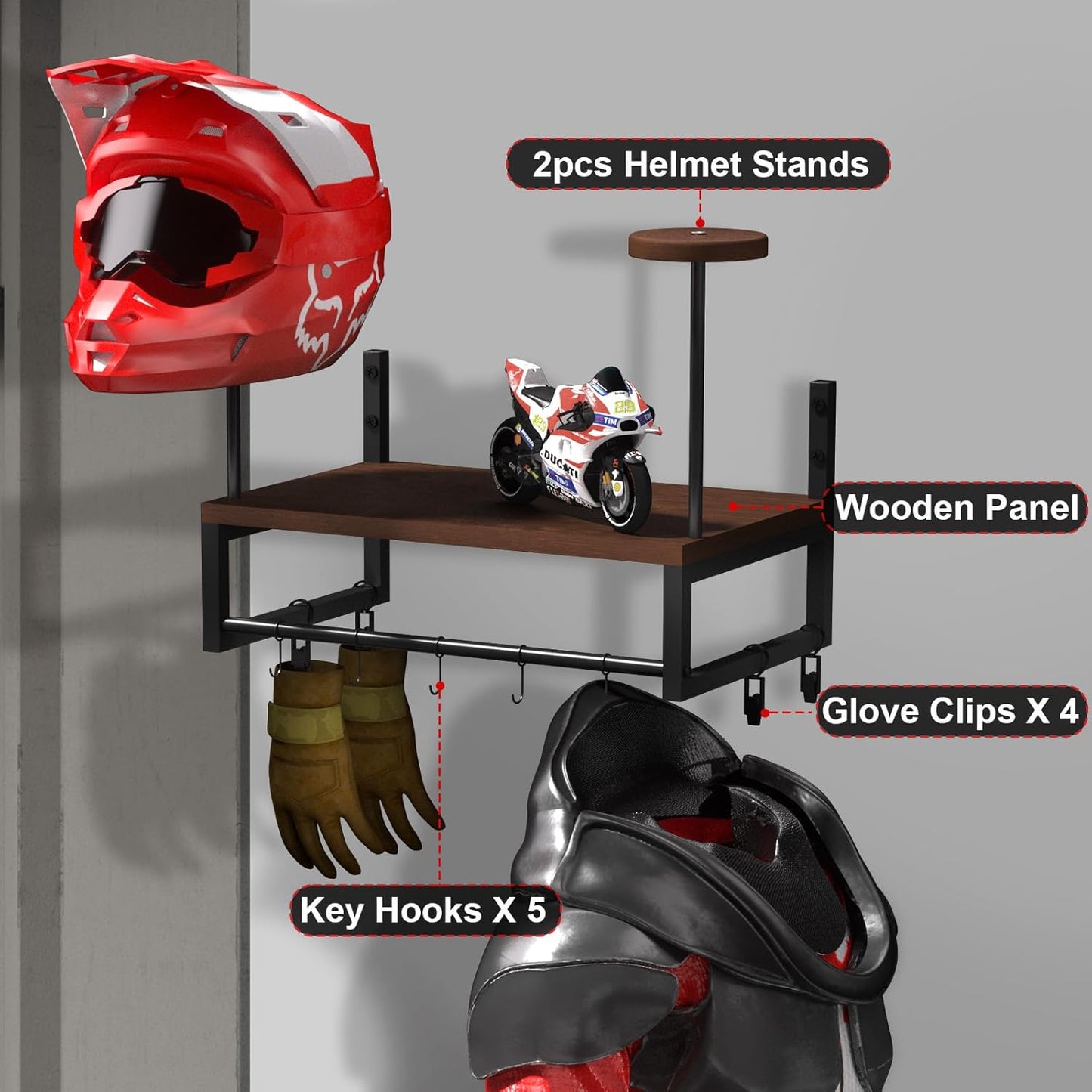 Helmet Holder Wall Mount, Retro Helmet Rack with Wooden Board, 2 Helmet Stands for Moto Gear Storage, Football Accessories Organizer, 4 Clips 5 Hooks for Hanging Gloves Keys, and Tactical Vests