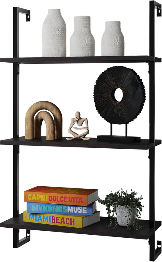 happimess MSH1000A Madera 40.55" Classic Industrial 3-Shelf Wood Wall-Mounted Open Ladder Bookcase with Metal Frame, Black