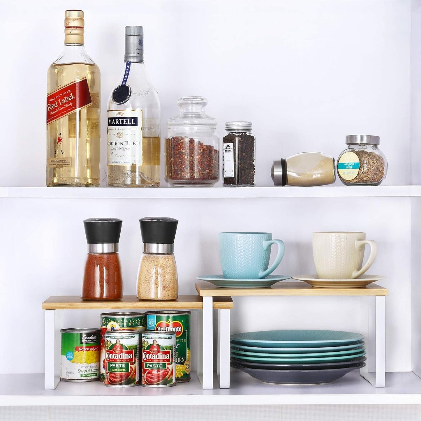 NEX Kitchen Cabinet and Counter Shelf Organizer, Stackable & Expandable, White and Natural