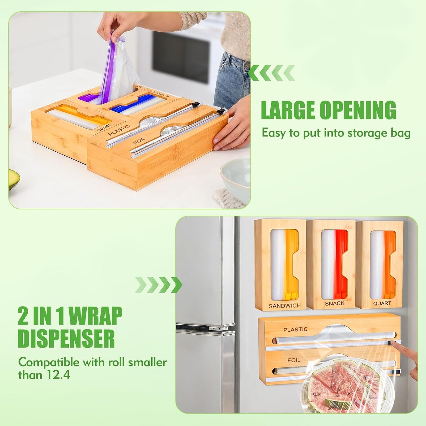 Magnetic Ziplock Bag Organizer for Refrigerator or Drawer, Bamboo Foil and Plastic Wrap Organizer with Cutter, Kitchen Food Storage Bag Holder for Gallon, Quart, Snack, Sandwich, Size Baggie