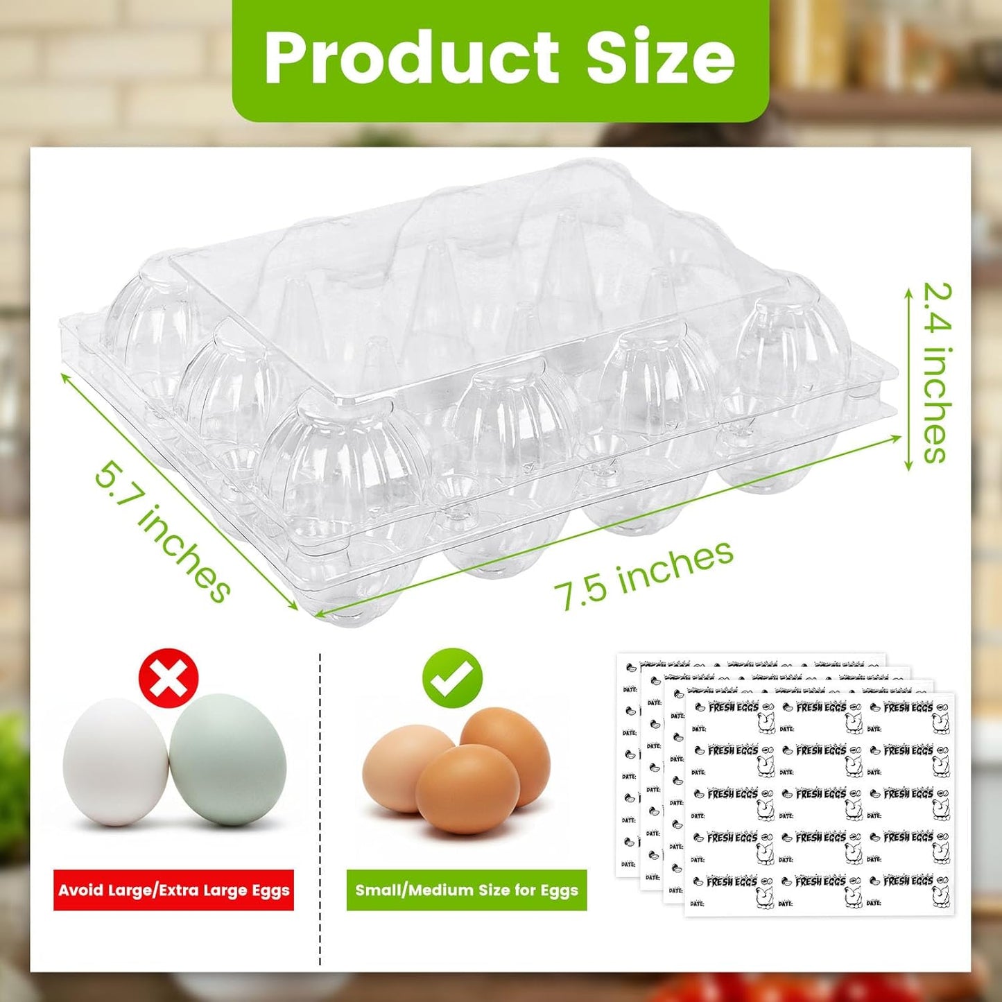 LOVEINUSA 100 PCS 12 Count Plastic Egg Cartons, with 105PCS Date Labels, Bulk Cheap Clear Reusable Egg Holder for Fresh Medium Eggs Storage, Suitable for Farms, Families, Markets Display