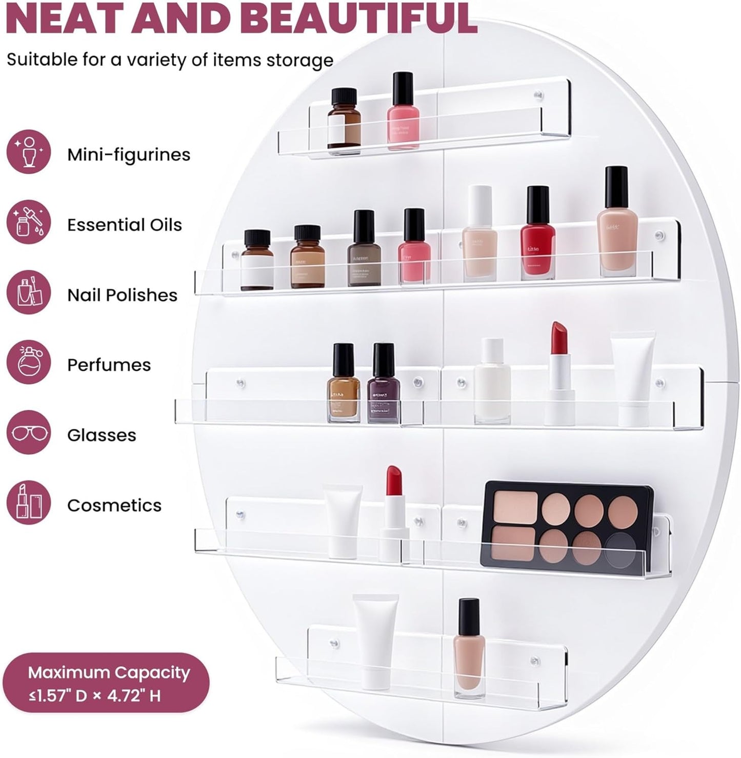 Wall Mount Nail Polish Organizer, 2 Packs Wood Nail Polish Rack w/Acrylic Barrier, 5-Tier Round Storage & Display Shelf, Perfume Essential Oil Bottles Holder, White