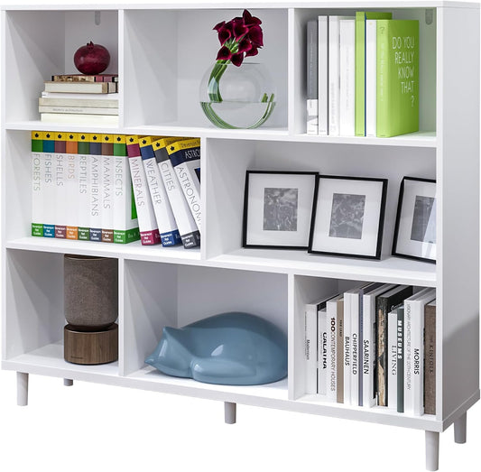 Wood Cube Storage Organizer White Bookshelf - 3-Tier Freestanding Storage Cabinet with Legs for Home Office, 8-Cubes Open Shelf