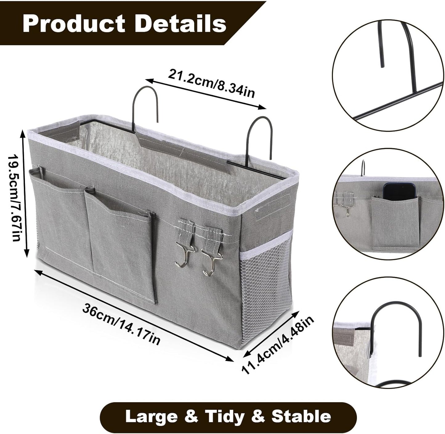 2 Pack Bedside Storage Caddy Organizer Bedside Hanging Storage Bag with Pockets for Headboards Bunk Beds Dorm Rooms Book Phone Magazine Holder Bunk bed Shelf Accessories (Grey)