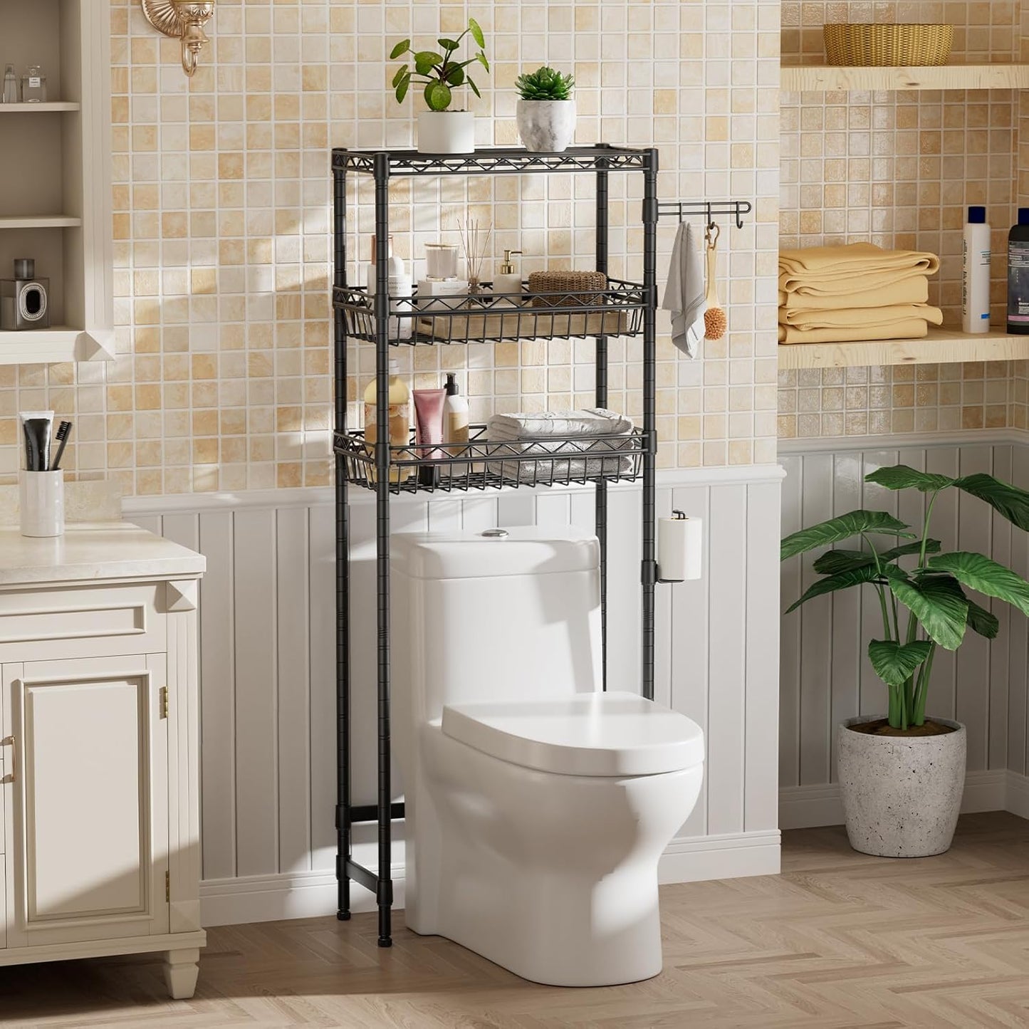 3-Tier Over-The-Toilet Storage Shelf,Heavy-Duty Adjustable Bathroom Rack with 2 Mesh Baskets,Toilet Paper Holder & Hooks,Space-Saving Organizer for Bathroom,10”D x 24”W x 66”H,Black