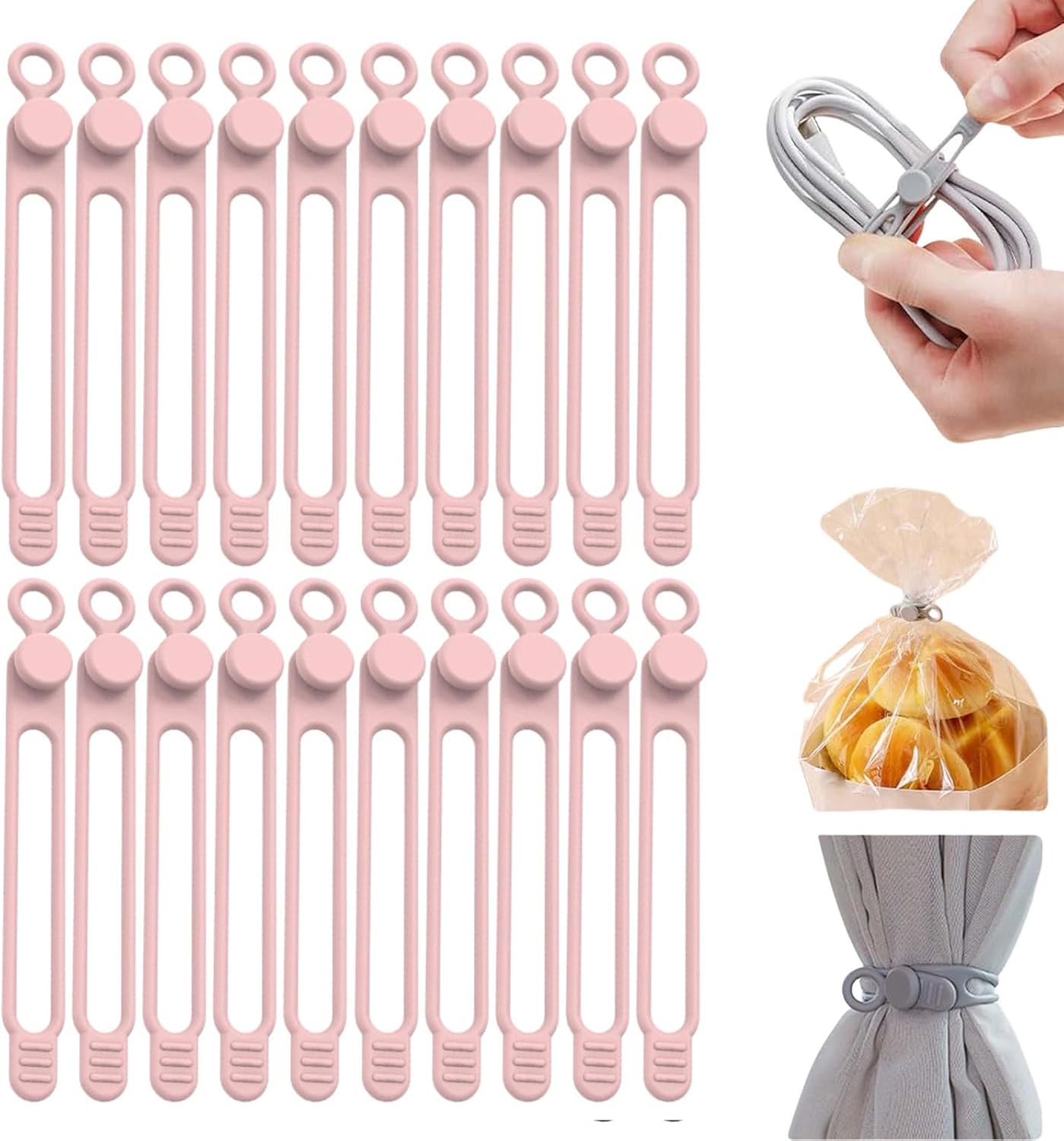 Data Cable Organizer, Silicone Cable Ties Reusable - Elastic Cord Organizer for Electronics, Adjustable Wire Ties for Cable Management,Computer Wires,Phone Charger,Earphone,Home Office (Pink, 30PCS)