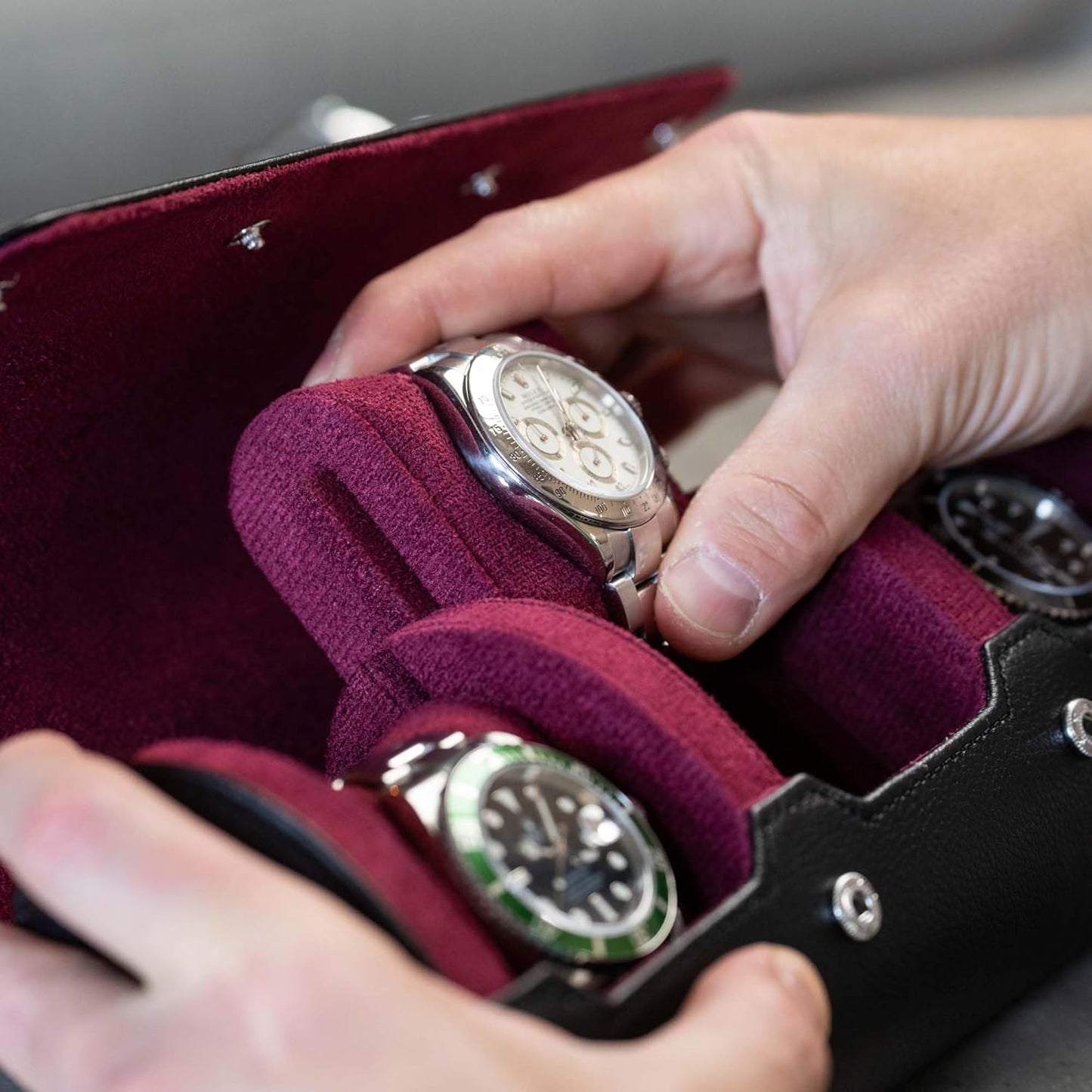 DailyWatch | Personalized Watch Roll Travel Case For 3 Watches - Handmade Genuine Leather Travel Case With Custom Engraving of Name or Initials - Black Cherry