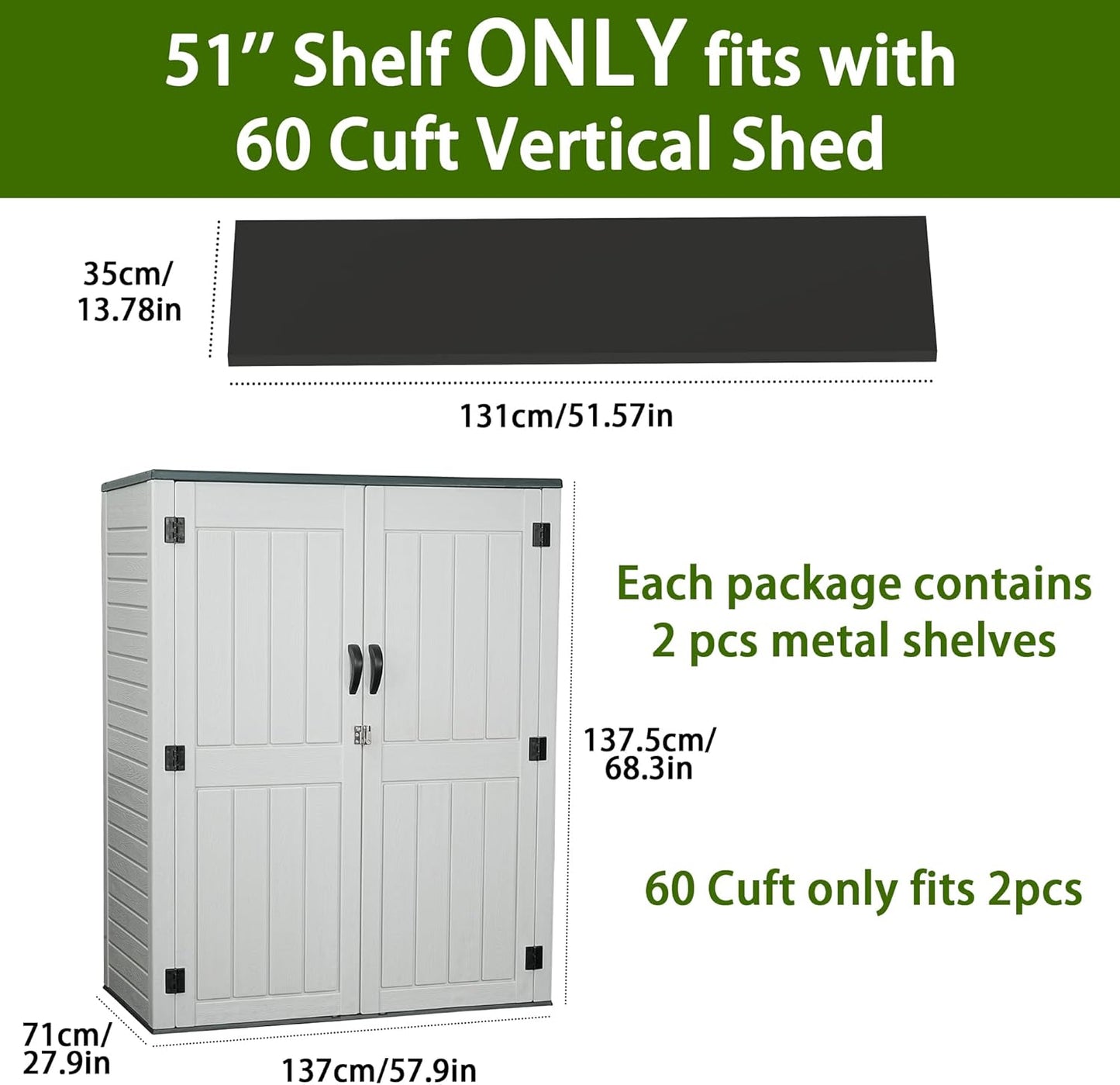 EHHLY Vertical Resin Storage Shed with 2 Shelves, 60 Cuft Garden Tool Sheds & Outdoor Storage, Plastic Outdoor Storage Cabinet Waterproof, 4.5 x 2.3 ft Outside Lawn Mower Storage Shed, Light Grey