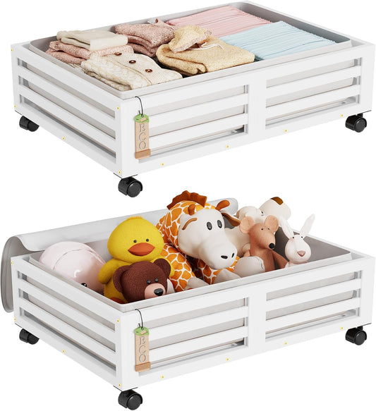 Wisuce Bamboo Under Bed Storage Containers- Underbed Organizer with Wheels with Large Dust Bag,Sturdy Wood Rolling Under the Bed Shoe Storage Organizer Drawer 2 Packs (White, Small)