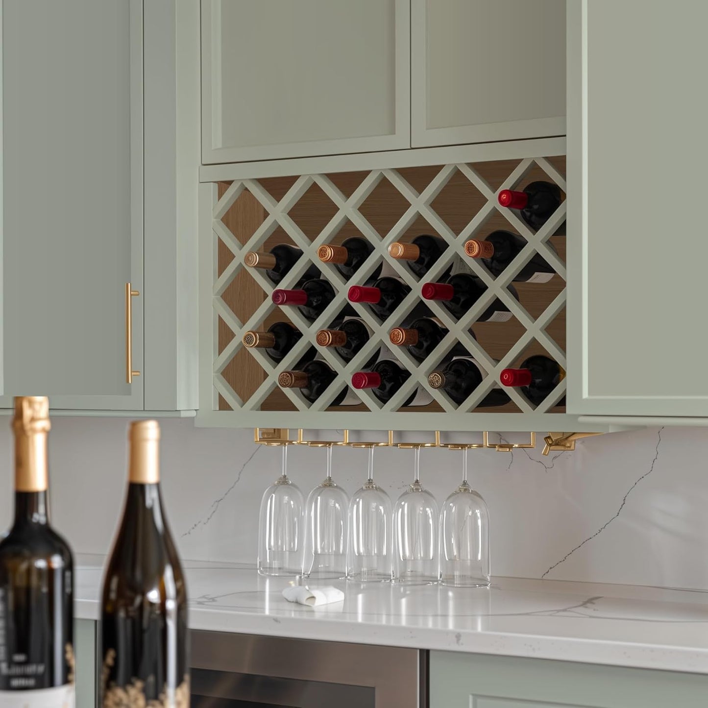 Solid Wood RTA Wine Bottle Rack Wall Cabinet with Lattice Panels - Wine Storage for Bar, Pantry, Cellar - Mocha (Jade Green, 36'W 12'D 18'H)