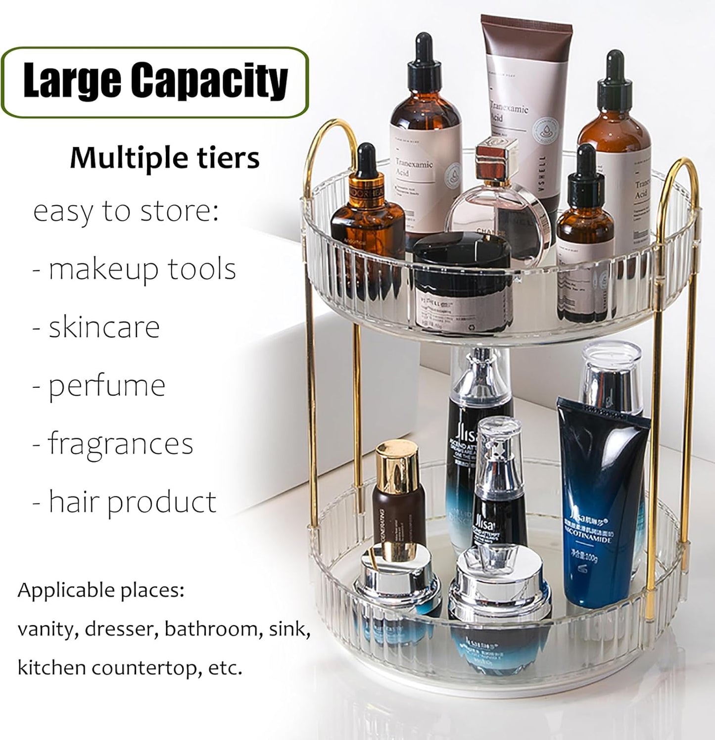 Rotating Makeup Organizer Countertop 2 Tier Lazy Susan Trays Clear Skincare Perfume Storage for Bathroom Counter Vanity, Transparent