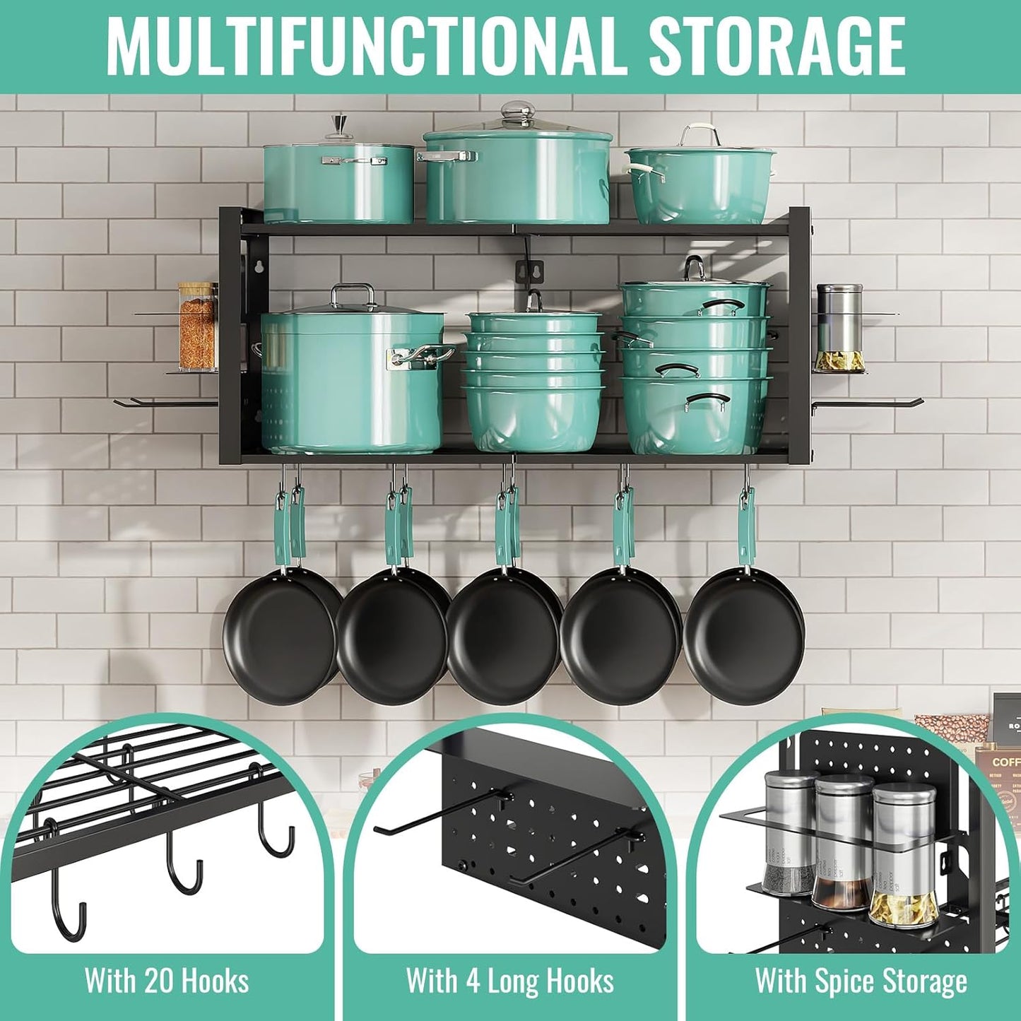 31 Inch Pot Rack Wall Mounted, 2-Tier Pots and Pans Organizer with 20 Hooks & Pan Organizer and Spice Rack, Heavy Duty Hanging Pot Hanger for Kitchen Cookware, Utensils, Black