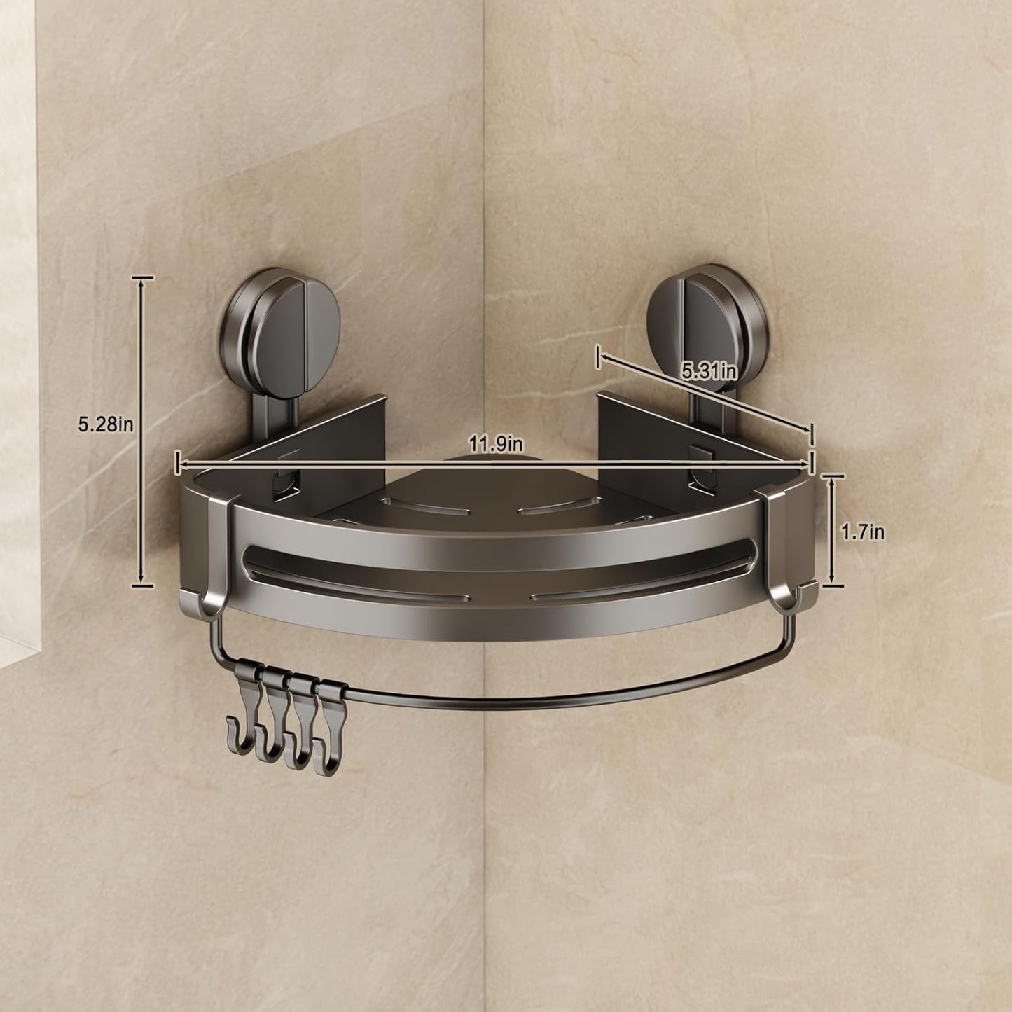 VOLPONE Shower Caddy Suction Cup, 1 Pack Corner Shower Shelves No Drilling, Showers Organizer Storage with Towel Bar & Removable Hooks, Bathroom Shower Shelf Rack for Inside Showers, Triangle