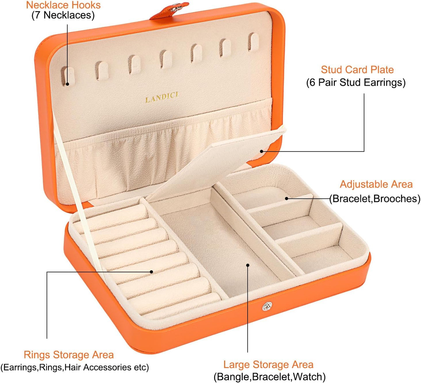 LANDICI Small Jewelry Box for Women Girls, PU Leather Travel Jewelry Case, Portable Jewelry Organizer Storage Holder Display for Ring Earrings Necklace Bracelet Bangle Men Kids Gift, Orange