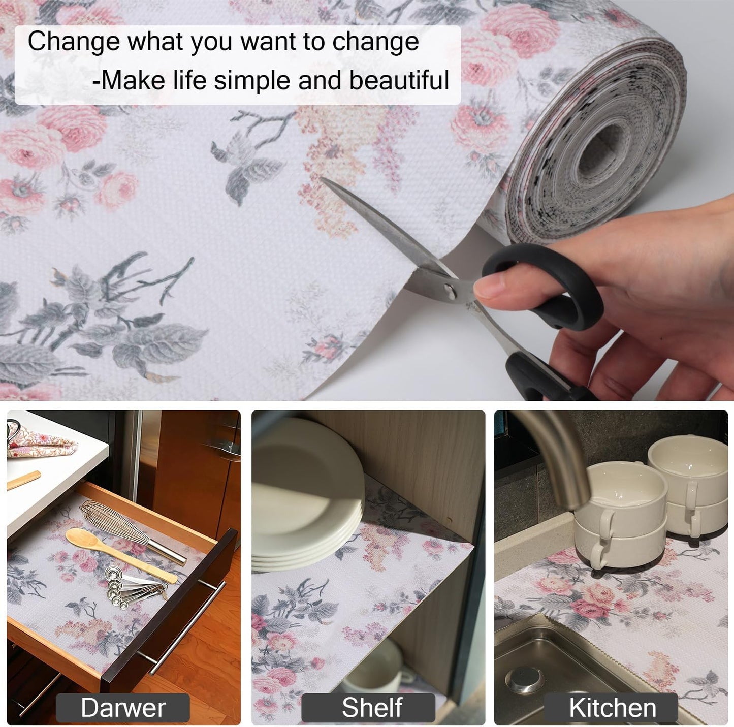 Drawer and Shelf Liner for Cabinets, 12IN x 20FT Non-Adhesive and Strong Non-Slip Vintage Floral Shelf Cabinet Drawer Liners for Kitchen,Table,Bookshelves,Waterproof Cupboard Liners