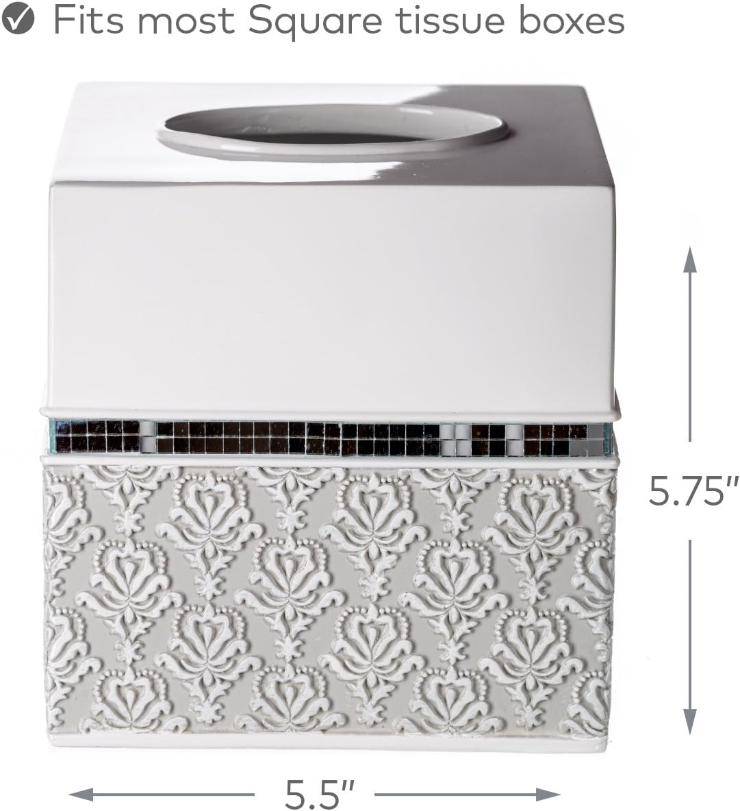 Creative Scents Mirror Damask Square Tissue Box Cover - Decorative Bathroom Tissues Paper Holder, Modern Napkins Container, Bottom Slider, for Cute Elegant Bathroom Decor (White & Gray)