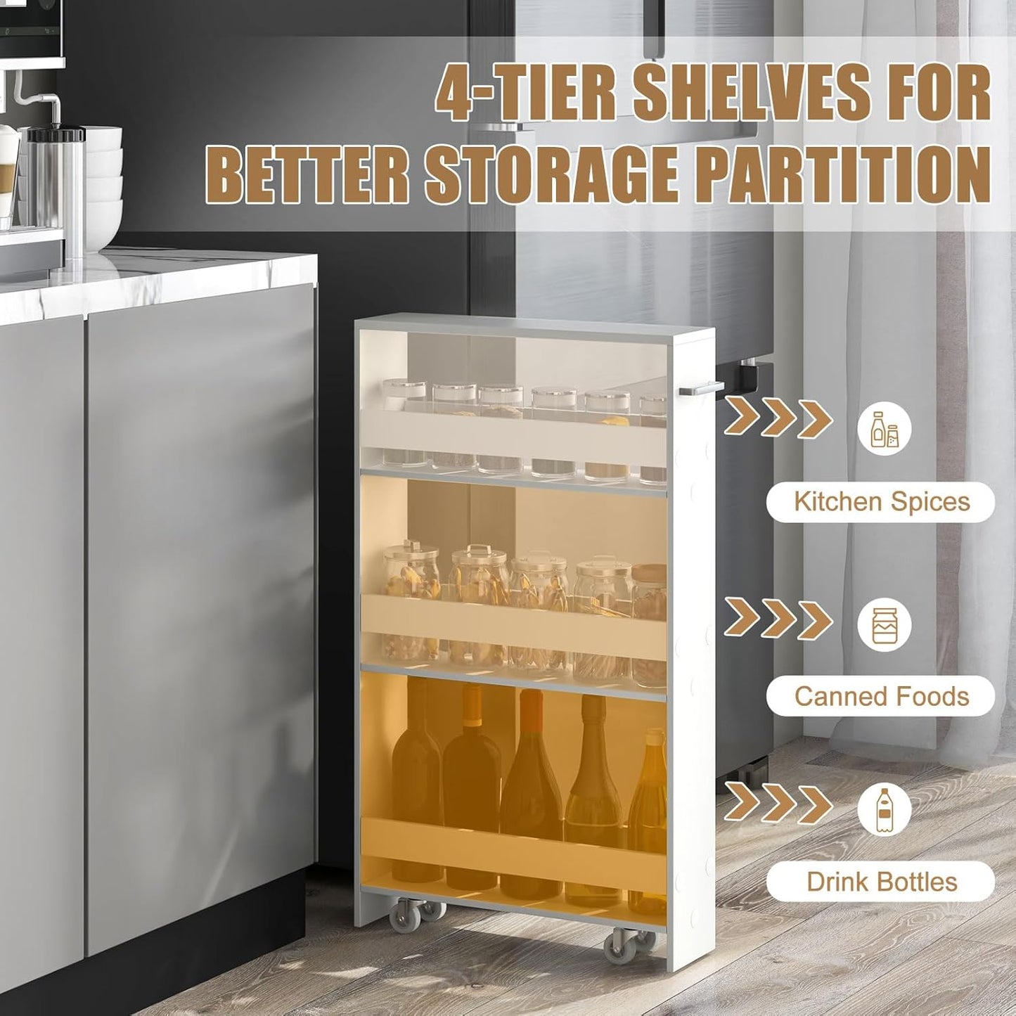 Slim Storage Cart, 4 Tier Narrow Storage Cabinet Between Washer and Dryer, 4 Universal Wheels w/Convenient Handle, Modern Skinny Bathroom Cart for Kitchen, Bathroom, Laundry Room (White)