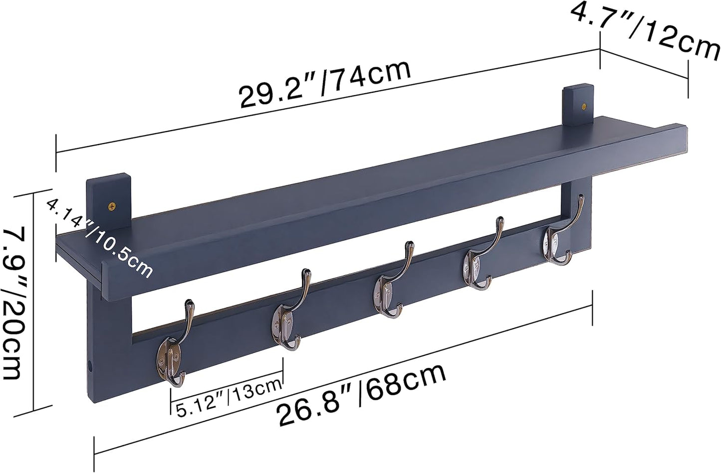 SMIBUY Coat Hooks with Shelf Wall-Mounted, 29.2 Inch Entryway Coat Rack for Wall, Bamboo Hanging Shelf with 5 Double Metal Hooks for Bathroom, Bedroom, Kitchen, Living Room, Mudroom (Grey)