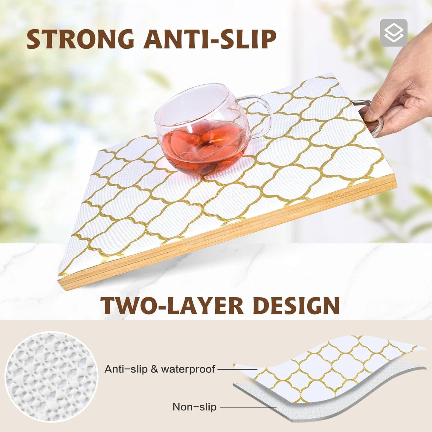 Shelf Liners for Kitchen Cabinets 17in x 30FT Non Adhesive Drawer Liner Gold Quatrefoil Thickened Shelf Liner Paper Strong Non-Slip Easy to Clean for Tool Box Refrigerator with Knife and Tape Measure