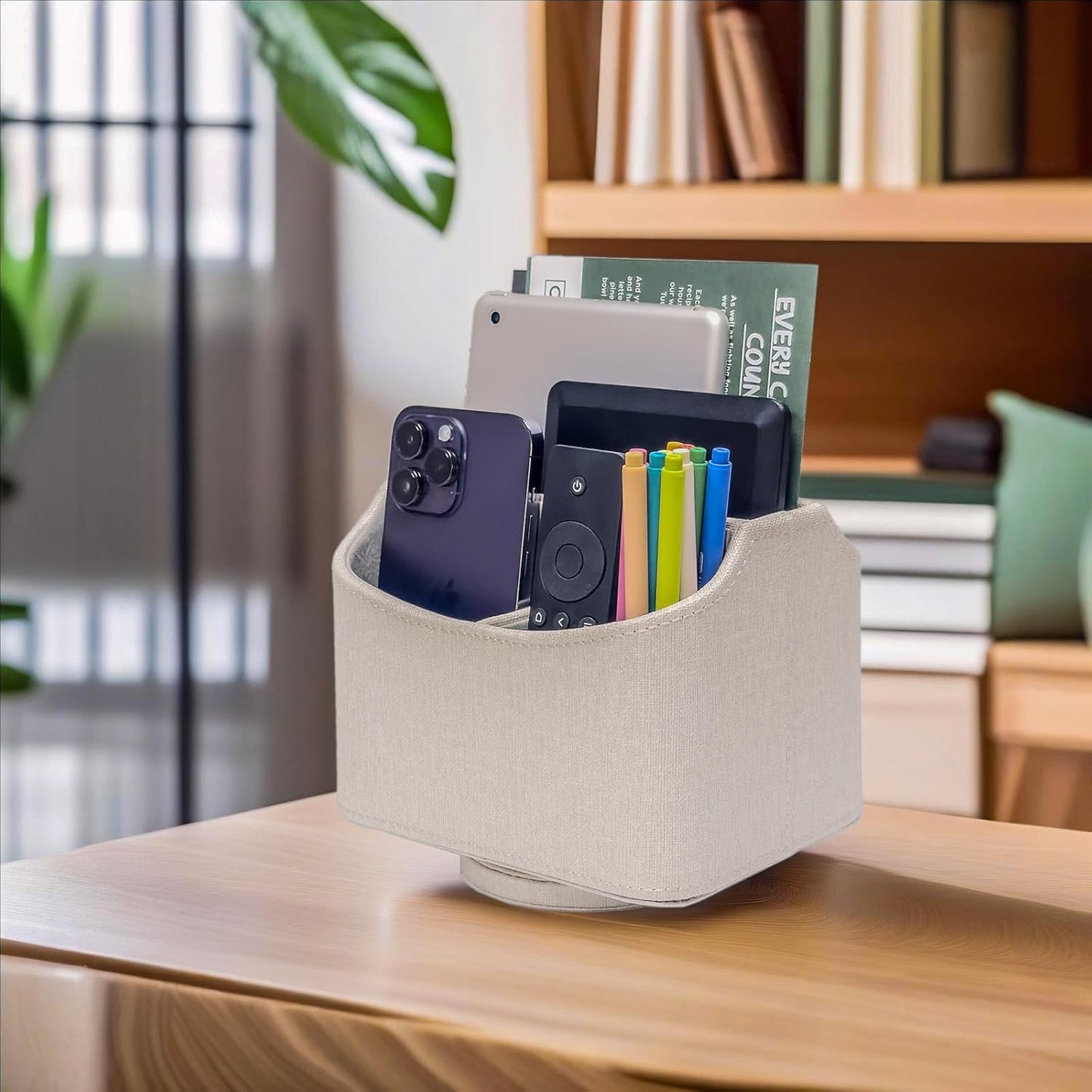 UnionBasic Rotating Desk Organizer, 360 Degree Desk Spinning Caddy, Desktop TV Guide/Mail/Media/Remote Controller Holder Organizer, Linen Texture Leather Beige