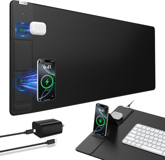 Wireless Charging Mouse Pad with Foldable Phone Holder, 31.5"x15.8" Extended Desk Mat for Laptop/Keyboard, Waterproof Ultra-Smooth Surface, Non-Slip Base & 20W PD Adapter, Black