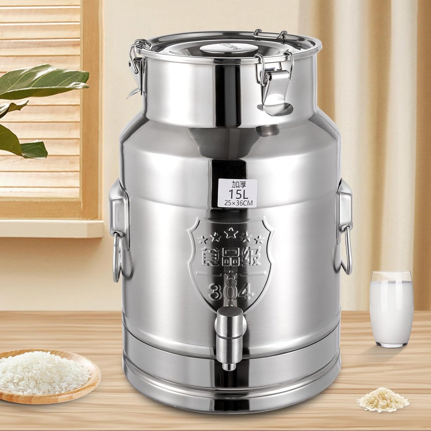 Milk Can Barrel Stainless Steel Beverage Drink Dispenser Large Capacity Storage Bucket Container with Faucet and Handles for Milk Coffee Wine Oil Rice Cereals Water (15L/3.96Gal)