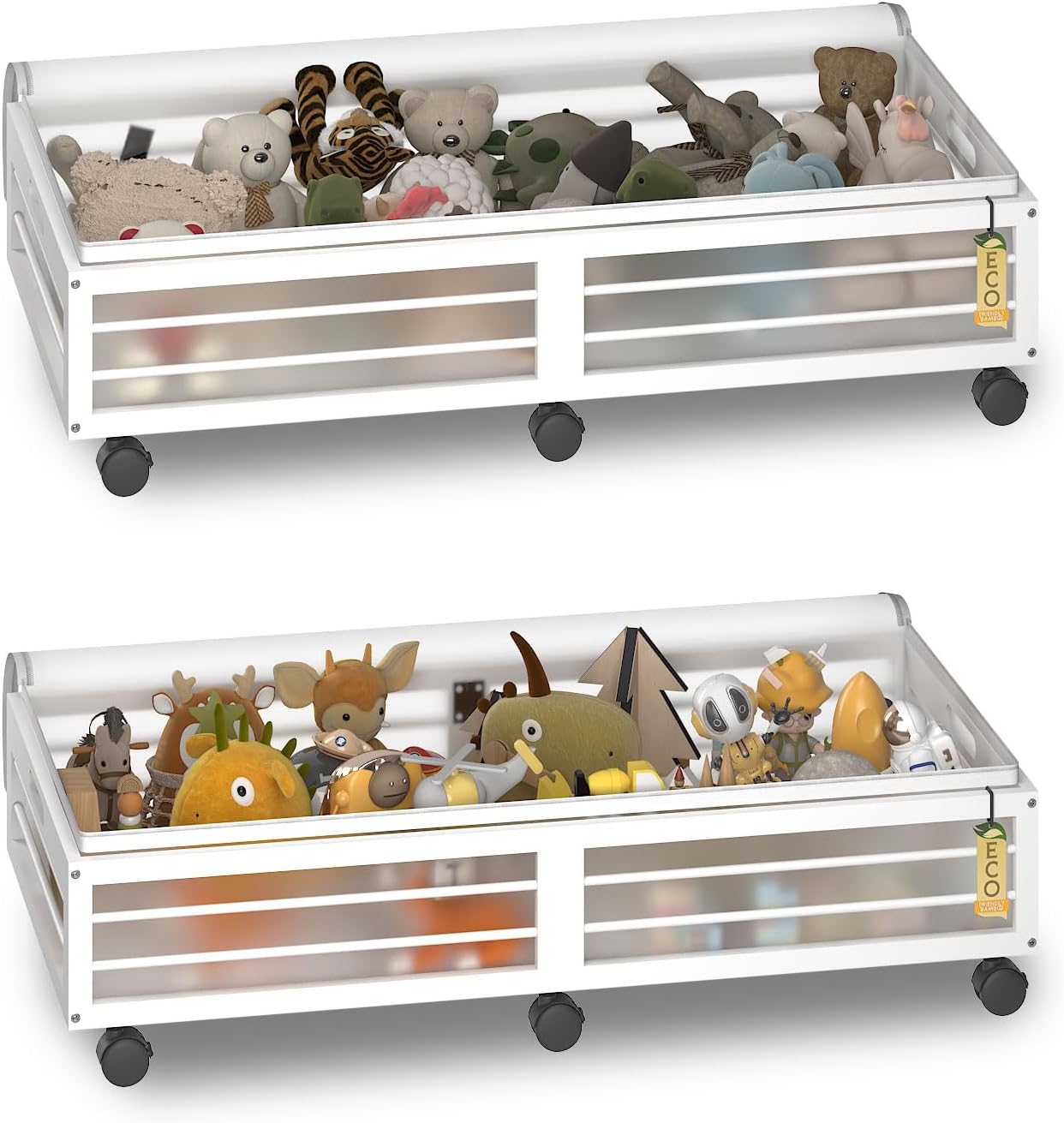 Bamboo Underbed Storage Containers with Wheels & Bag 2 Pack, Large Under Bed Rolling Storage Bins Wood Under Bed Clothes Storage Stackable Drawers for Bedroom Closet Under Crib Toy(White)