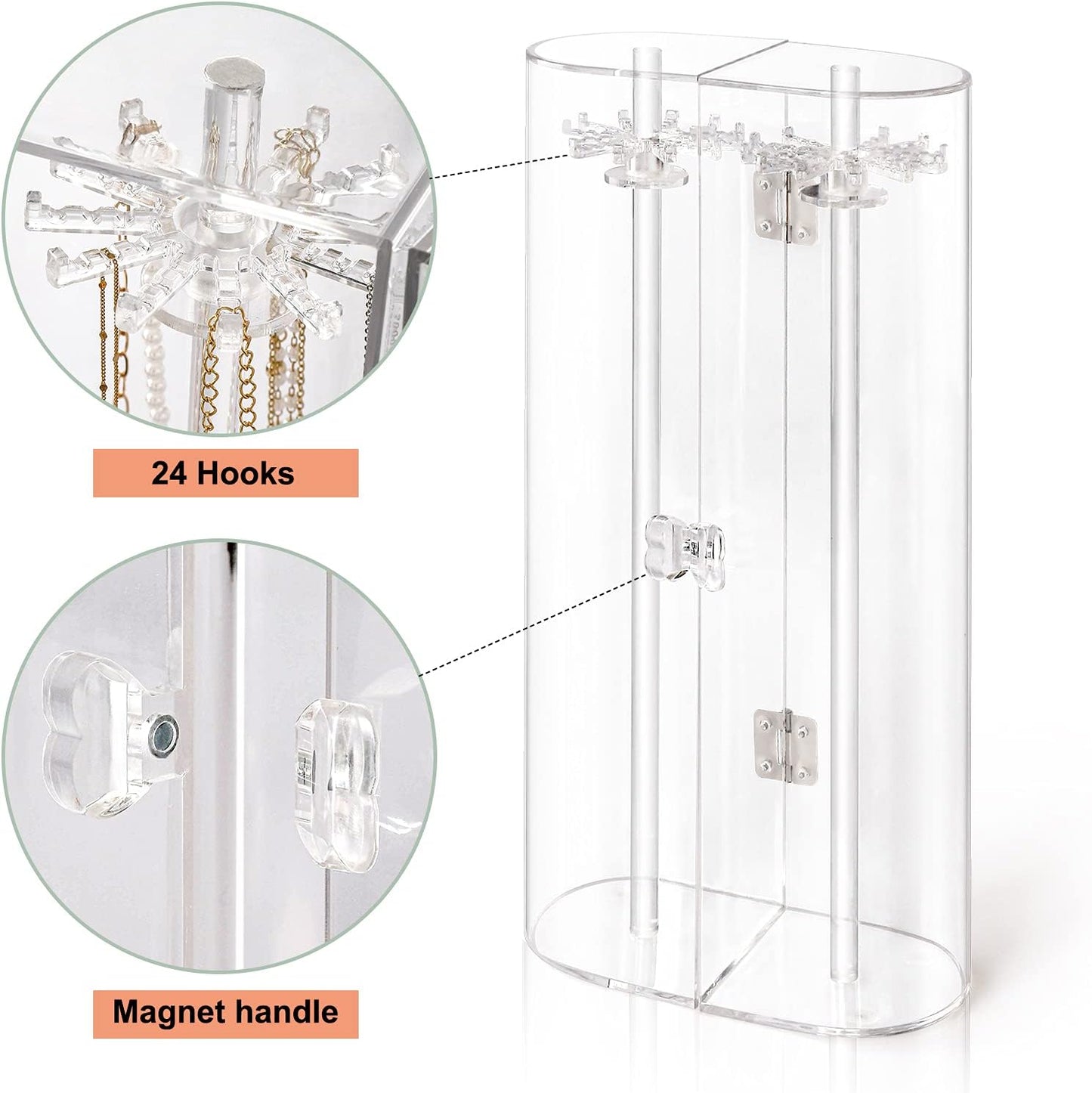 Acrylic Necklace Holder, Clear Necklace Organizer with 24 Hooks, Dustproof Rotation Jewelry Storage Holder Stand, Long Necklaces Pendant Bracelets Display Case for Dresser Bathroom Vanity Countertop
